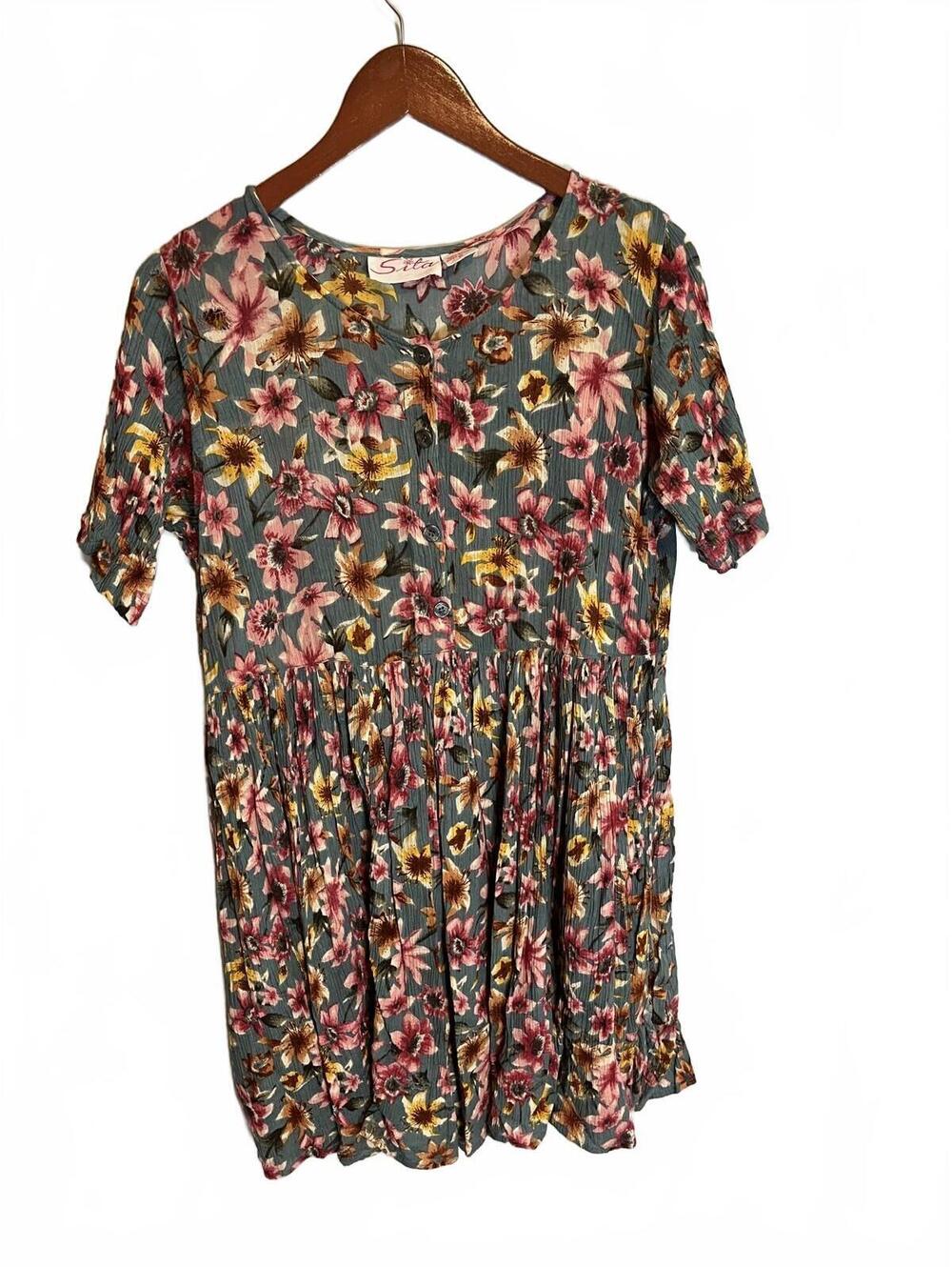 Sita Dress M Floral Blue Pink High Empire Waist Hippie Boho Cottagecore 90s Mini